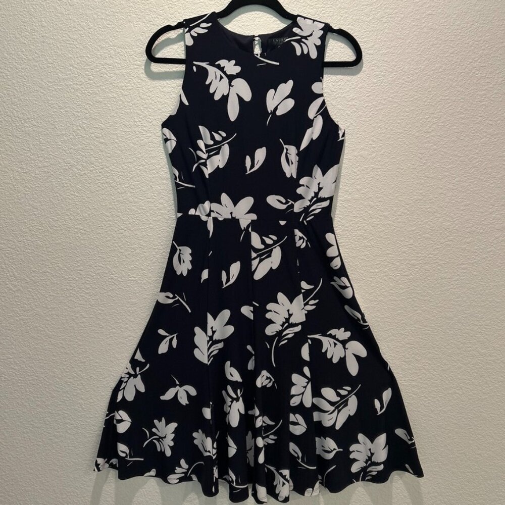 Lauren Ralph Lauren A Line Floral Cocktail Dress High Neck Black White Size 4